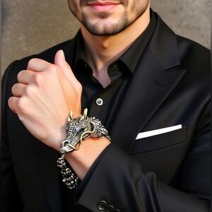 Men's Dragon Motif Silver and Gold Tone Articulated Link Bracelet Serpent Trend